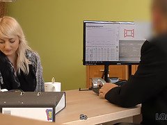 Loan4k. passionatre hardcore on the table in office of loan manager