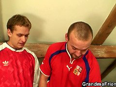 Watch skinny blonde granny take on two hard cocks and swallow every last drop