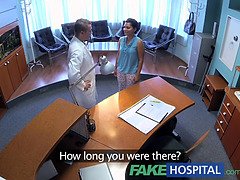 Sexy nurse in uniform bangs patient hard after catching him masturbating in the waiting room