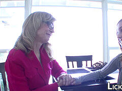 Busty lesbian cougar gobbling youthfull stepdaughter pussy