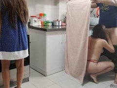 I fuck my step sister-in-law in the kitchen but my wife discovers us but I cover myself with a cloth so she doesn't know