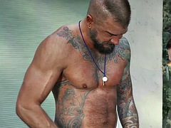 Petite twink barebacked outdoors by athletic tattooed man