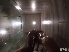 Jezebelle Bond  rinses off herself after a long sweaty day