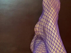 Really Sexy Legs with Tiny Feet with Long Toes in Purple Fishnet Stocking