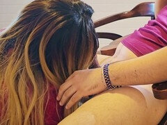 College girl enjoys smoking while giving blowjob to young dude, ends with messy cumshot