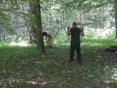 Puny breasted brown-haired got cuffed and left bare in the nature, in the late afternoon