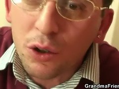 Plump mature bitch takes two young cocks