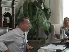 Two guys are double penetrating one nympho blonde in the office