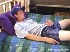 Sweet young Connor jerks off, lies down, sticks hands in pants, gets a stiff one, and cums all over his stomach