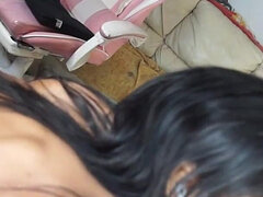 Real Trans Ebony Whore Gives a Footjob and Sloppily Deepthroats Her Dildo POV Blowjob Style in Black Thigh High Stockingsdil