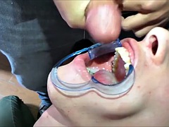 Bukkake boy gargles load of cum 7