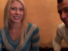 Russian blonde agrees to suck two cocks for cash in public restroom
