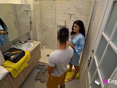 Sexy brunette babe Haix seduces her plumber and fucks him in the shower