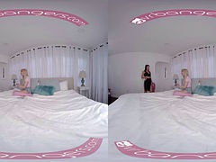 VR Bangers Sexy lesbian girls eat each others pussy and ride a big dildo VR Porn