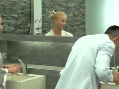 Girl sprays man with water and gets fucked in the shower