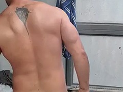 Erotic muscular athlete takes a shower after the gym and cums