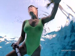 My transparent when wet one piece swimwear in public pool