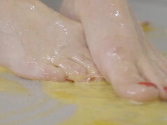 Bored Blonde MILF Tramples Eggs with Hot Feet - Foot Fetish Crush!