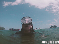 Free Diving Fins Under Open Sea Sexy Latina Goddess