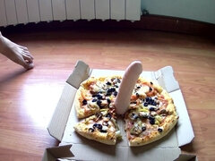Cum Food Fetish. Teasing, Dildo and Eating Pizza with Cum