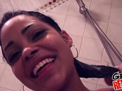 Enjoy a steamy POV shower with a bald brunette getting her pussy pounded and her tits jizzed in ecstasy