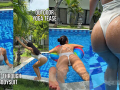 Outdoor Yoga Tree Pose & Tease in See-through Bodysuit in the Pool