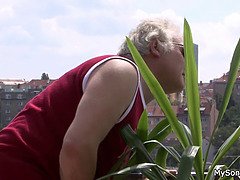 Hot brunette rides grandpa's old dick like a pro in HD