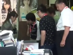 Asian in too short skirt ! even other girls are her ass at work