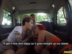 Two nasty sluts get fucked hard in the backseat of a car