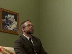 Conner Habib receives a blowjob from suited DILF Dirk Caber