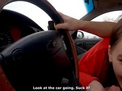 Brunette, sex while driving, public outside
