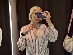 Busty platinum-blonde Mycandyalice tries on sexy sheer outfits in the dressing room