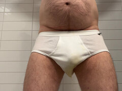Dad Pissing His New White Briefs