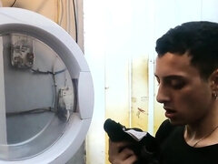 Sniffing underwear in the laundromat before banging