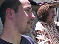 Hardcore smashing holes in a threesome of a redhead vixen in the outdoors