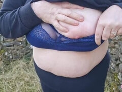 Homemade BBW Stepmom Flashes Her Huge Natural Tits in a Field - Amateur MILF Wife