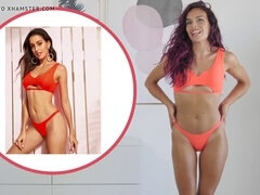 Hot MILF dominates in swimsuit try on haul with bondage play