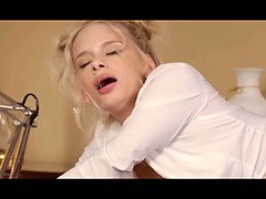 Watch Alove seduce a tattooed older man during a job interview and get her shaved pussy pounded