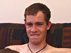 Elijah, Brett and Nate take turns sucking each other off, before Nate gets up and squirts his cum all over Bretts lips and chin.