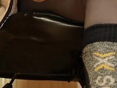 Gray Leggings, Pink Clogs, Ski Socks & Barefoot Under Desk