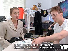Isabel Rose, the Russian tutor, seduces two students with double penetration and ends up fucking both of them