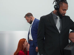 Deep blowjob from redhead Sinatra Monroe and passionate sex standing