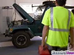 Sexy teen Karlie Brooks bangs the mechanics cock