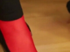 Red Stockings & Stiletto Footplay Under Leggings