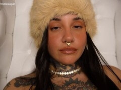 Curvy tattooed Latina Millie Sugarx loves a small dick and practices some serious femdom