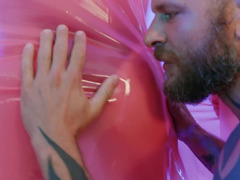 Slutty girl and inked man have nasty sex in bizarre room