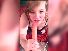 whore sucks faux man sausage and gets facial