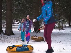 Sirena, Eva, and Lisa Get Pounded in the Ass by Bunny Snow in this Tight Winter Group Sex