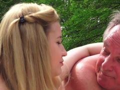 Sweet Young Blonde Fucked Old Guy in the park and teen cumshot rimming swallow