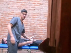 The male nurse gives him a massage and a handjob too